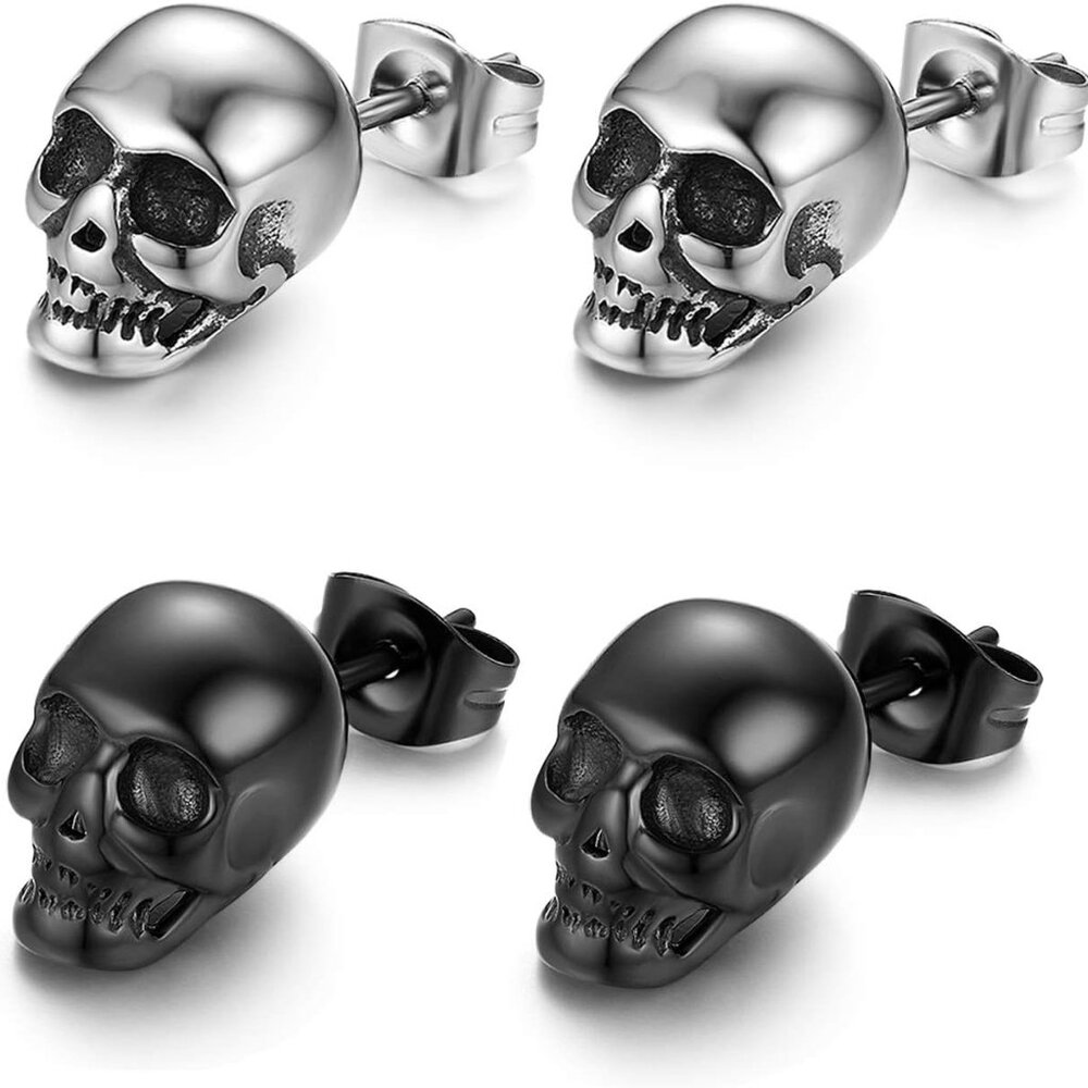 2 Pairs Punk Stainless Steel Stud Skull Earrings, Mens Silver Black Rock Ear Pie